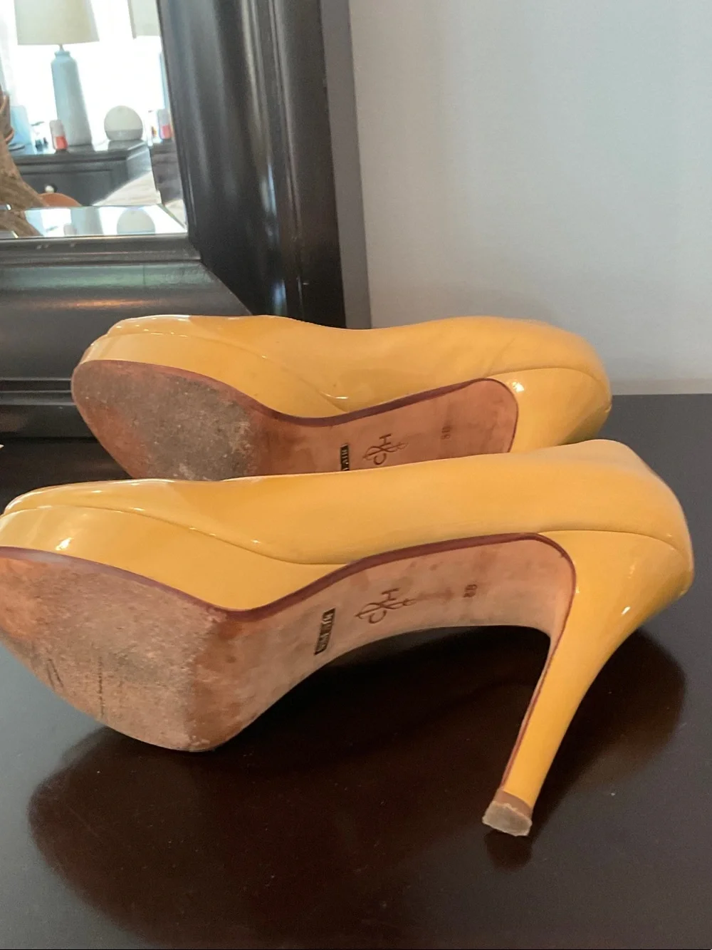 Cole Haan Tan Patent Peep-Toe Platform Pumps